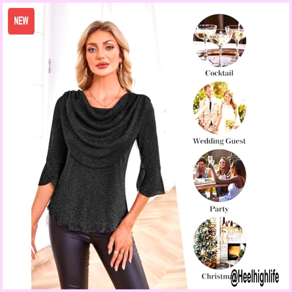 Sparkly Cowl Neck Blouse 3/4 Sleeve Dressy Casual Top for Evening Party - Picture 6 of 7